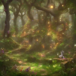 10. Create an image of a whimsical and magical forest with talking animals and hidden paths