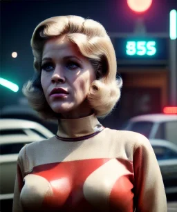 Ultra Realistic retro sci-fi movie Supermarket parking people scene, 1960 year, waist up view portrait, 2 clones blonde women, sweet teenager Jane Fonda face, perfect iris, glow eyes, face makeup, tight latex coat. many people looking, Retro sci-fi style, soft color, highly detailed, unreal engine 5, ray tracing, RTX, lumen lighting, ultra detail, volumetric lighting, 3d, finely drawn, high definition, high resolution.