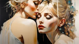 Blonde Pale Very Thin Scandinavian Woman 30yo, Big Eyes, Long Eyelashes And Eye Shadow, on steve Roger's lap kissing :: by Robert McGinnis + Jeremy Mann + Carne Griffiths + Leonid Afremov, black canvas, clear outlining, detailed