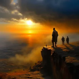 oil painting, an old track on a tall cliff, a man standing on the cliff and looking at the flooded city below him