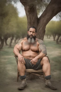 half figure shot photography of a marocan ugly dirty burly muscular chubby farmer 41 years old, bullneck, strong arms, big belly, manly chest, very sweat, short beard, tattoo, dreadlocks , short bulging pants, open legs sitting on a chair under an olive tree , big tights, barefoot, ambient occlusion, hyper detailed photography, photorealistic, 35mm lens, side light, frontal view from below, natural colors