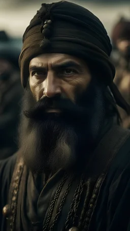 Huge Muslim commander not looking at the camera, neat black beard, square face, addressing his soldiers near the seashore, burning ships, light clothes, war clothes, great focus, great features, macro photography, best quality, high quality, high detail, 16k , HD, 1080p, high quality, detailed textures, crazy details, ultra-high-definition picture quality