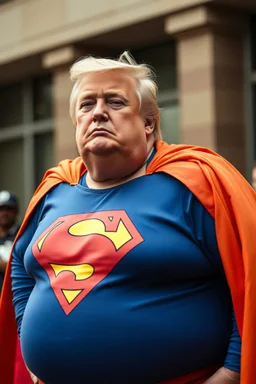 a thoroughly confused, elderly and morbidly obese donald trump dressed as superman