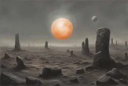 Grey sky with one exoplanet in the horizon, rocks, sci-fi, 2000's sci-fi movies influence, rodolphe wytsman and friedrich eckenfelder impressionism paintings