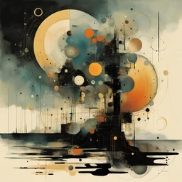 Malignantly useless, remedies of tragedy, abstract surrealism, by Arthur Secunda and Victor Pasmore and Wassily Kandinsky, maximalist mind-bending illustration; asymmetric; spooky colors, eerie, vertical and horizontal morse code dots and dashes, by Jeremy Mann