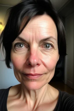 A selfie of a brunette woman with a round face, short hair and small eyes taken at home. showing incredibly beautiful extremely attractive 47-year-old European woman. (She has white skin, tousled black hair, pretty face without makeup, big round brown eyes, cute profiled nose, detailed full lips.)