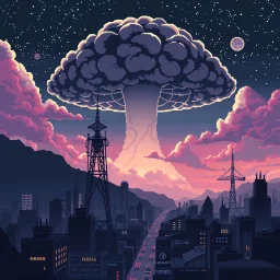 16 bit pixelart of a retro anime style, serius dark 1990s anime style, city, atomic mushroom cloud, synthwave