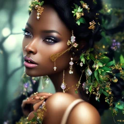 black skin fairy, beautiful portrait, flowery landscape