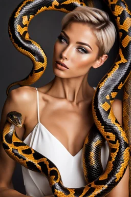 female beauty model, full of oil, real model, beautiful face, tall and perfect body, short hair, eva and the snake