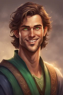 handsome thirty-year-old sorcerer, with tanned skin, brown hair and green eyes, with a kind smile
