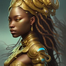 Sango fantasy, fantasy magic, intricate, sharp focus, illustration, highly detailed, digital painting, concept art, matte, art germ and Paul Lewin and Kehinde Wiley, masterpiece black lady head bronze tiger Asian African girl nice breast Hawaiian hair turquoise golden waves