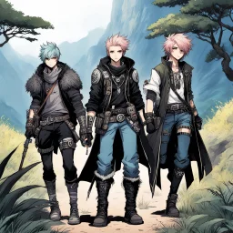 funky manga art of fashion, punkrock, future illustration: RPG group of Adventurers in the wild