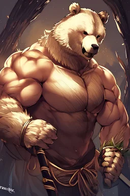 Portrait of a muscular bear in samurai clothing