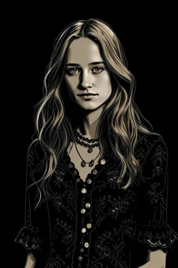 A girl in her late twenties, with slightly sharp features, long blond hair and hazel eyes, wearing a Chanel dress, with a rustic look, sketch, on a black background