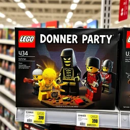 Lego box displayed for sale on a store shelf with the Lego brand Logo in the top left corner. Text: "DONNER PARTY" for the exact text title of the box across the top in a vibrant bold clear font. Add graphics for Age Range with random age ranges. Images on the box are extremely satirical darkly sinister creations importantly all made of individual legos with pronounced well-defined lego raised pip textures on all surfaces! Box images are extremely clever and sardonically inventive based on 1880