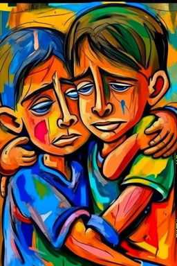 a girl hug her brother and both crying sadly, expressionism, Pixar style, in abstract art Basquiat, Picasso, Miro, Kandinsky, Klee, Birell, Fairey, Ardon, Buffet aand Picasso style, HD --s 750 --v 5.1 --style raw, water color