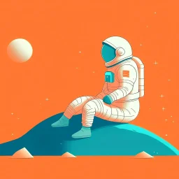 A whimsical digital illustration of a cartoonish astronaut, delicately rendered in soft pastel hues, sitting on a tiny, cratered moon, lost in thought as they stare out into the vast, starry expanse of empty space, their bright orange spacesuit a pop of color against the muted, celestial backdrop, with subtle texture and gentle shading adding depth to the minimalist composition, evoking a sense of wonder and contemplation, as if pondering the mysteries of the cosmos, amidst the eerie silence of