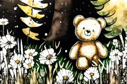 close-up of a cute chibi teddy bear packing piles of white clothes in the forest, laundry machine, grass and flowers next to him, melting watercolour and black ink outlines on wet paper, photorealistic, golden glitters S<AI in sunshine, ethereal, cinematic postprocessing