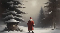 Snowy outdoor scene, santa standing with back visible, mysterious, mostly white except red on santa