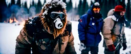 close up of a Yeti in documentary photography, August 199, Yeti, Dystopian, Wildfire, Smoke, burning, , forest fire, Japanese, Extreme depth of field, bokeh blur, winter, blizzard, Alberta, all-natural, in the style of candid, imperfection, natural lighting, Professional shot, shot on Agfa, Fuji Film, Anamorphic lens --ar 4:5 --w 150 --style raw