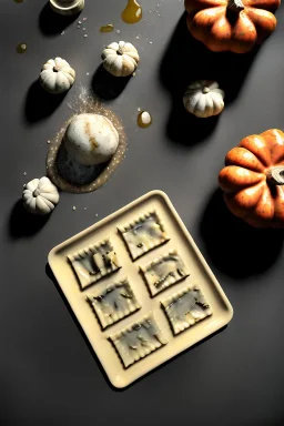 Cooking photo of wet Raviolis with truffle and pumpkin flying, minimal, olive oil, moisture, art, natural, ornaments, ceramic, marble, high kitchen, smooth, god rays, unreal engine 5, ray tracing, RTX, lumen lighting, ultra detail, volumetric lighting, 3d.