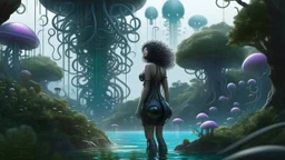 Detailed matte painting of a wide-angle shot of a woman, standing on the left side of the shot, with dark hair in a silver robotic catsuit, many large floating jellyfish with octopus tentacles, alien jungle trees in the distance, with an alien beach and lake, deep colour