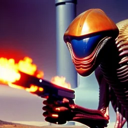 Alien creature from mars aiming a gun