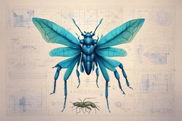 Hand drawn technical,full body illustration , with detailed blueprints and engineering schematics of a crossbred walking leaf insect human woman, with highly detailed facial features, drawings, and technical notation, 8k, vibrant natural colors