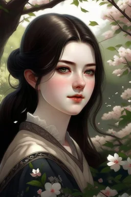 Beautiful Girl in the garden, 18 century, brunette, literally dark hair, dark eyes, fat, smell of sakura, rest, detailed face, england