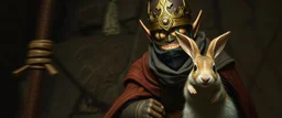king elf ninja mouse rabbit in style of Rembrandt and Fallout 4, with motion blur
