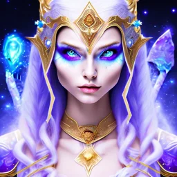 cosmic mage, elf, female, battle mage, cosmic sword, epic, cosmic magic, staff, long ears, white hair, face details, odd-eyes, pale skin, detailed eyes, jewellery, broad shoulders, glowing eyes, sharp ears, cosmic clothes, bright eyes