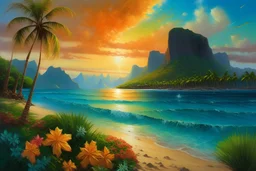 moorea beach stunning sunset turqoise sea color with coral transparent oil painting lots of flowers and palm trees golden sunset