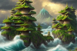 high quality matte painting of a stormy ocean and little lush organic islands, ecosystem, highly reflective water, japanese bunka period architecture, book of later han, randomly placed tiny buildings, intricate, detailed, waves, spume, small minutiae, spindrift, tiny features, ripples, particulars, sharp lines, digital art, sharp focus, volumetric clouds, perspective ground level camera view, 8k, realistic shaded volumetric lighting, ambient occlusion, sunlight caustics, uhd, art by sam curry