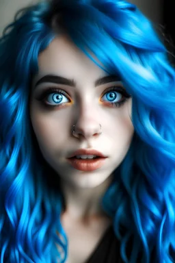 A beautifal girl has a lonf wavy bleu hair with big bleou eyes and a big mouth