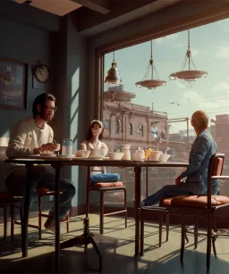 Realistic scene, American shot view, 0 gravity, levitating man and woman sitting in cafeteria and having breakfast, Wes Anderson, fly, floating, soft color, highly detailed, unreal engine 5, ray tracing, RTX, lumen lighting, ultra detail, volumetric lighting, 3d, finely drawn, high definition, high resolution.