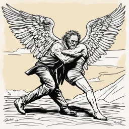 [art by Charles Bukowski] Jacob wrestling with angel