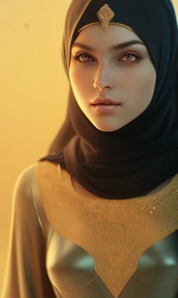 Arab princess , cute, beautiful , black eyes ، hijab, head and shoulders portrait, cinematic, 8k, resolution concept art portrait by Greg Rutkowski, Artgerm, WLOP, Alphonse Mucha dynamic lighting hyperdetailed intricately detailed