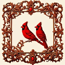 An ornate vintage picture frame crafted from antique gold with intricate baroque scrollwork and delicate filigree details. Vibrant red cardinals with black-masked faces perch gracefully along the ornamental corners and sides, while ethereal white-winged angels with flowing robes are nestled between the decorative flourishes. The frame's bottom edge features elegant cursive script in deep burgundy that reads "When Cardinals appear, Angels are near" flowing seamlessly along the golden molding. Sof