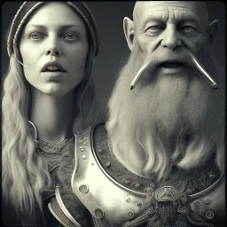 old viking with his wife, scary, steam punk, realistic, made in octane, cinematic, ultra-realistic, extremely detailed octane rendering, 8K, VRAY Super Real ar 2:3, dof photorealistic futuristic 50mm lens hard lighting dark gray tintype photograph, realistic lighting, sepia color