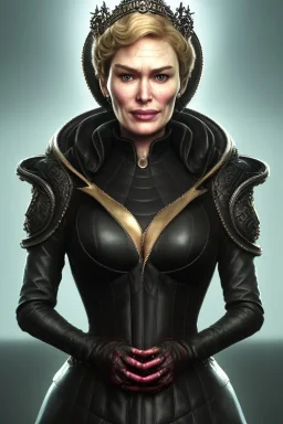 Cersei Lannister as evil queen in black leather, busty, cleavage, curvy, lena headay, angry, stern look. character design by cory loftis, fenghua zhong, ryohei hase, ismail inceoglu and ruan jia. unreal engine 5, artistic lighting, highly detailed, photorealistic, fantasy