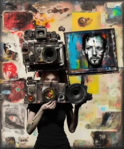 happy beautiful girl holding big proffesional camera in studio. street art, oil on canvas, spray paint, collage, letters, newspapeers, Dave McKean, Vladimir Fedotko, Saturno Butto, Vaughn Bodé, Frank Wu, James C. Christensen, collage, dirty, paint dripping, radiant