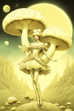 Beautiful rococo mushroom fairy, detailed eyes, realistic features, hq, fungi, celestial, moon, galaxy, stars, by Salvador Dalí, giger, Hieronymus Bosch, victo ngai, fungi, celestial, Ryan Hewett