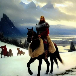 portrait of 'The Northman-Viking King on horse',ancient metal armor,castle,army, snow, cold, painting by gaston bussiere, greg rutkowski, yoji shinkawa, yoshitaka amano, tsutomu nihei, donato giancola, tim hildebrandt, evan lee,oil on canvas, cinematic composition, extreme detail,fit full head inside picture,16k