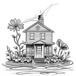 A beach side house with a flower and a butterfly, minimalistic white color water fountain, minimal black line art, unique coloring sheet, outlined, outline, line art, clean line art, unique, 8k, amazing, realistic, masterpiece, no colors, no dark color, no black color, avoid thick black, minimalistic line edges, white back ground color, vector style,