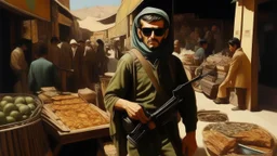 takistan life, oil painting. dr arab cover 1970, far perspective dnd style. sunglasses. marketplace dark business, with ak 47 shooting food.