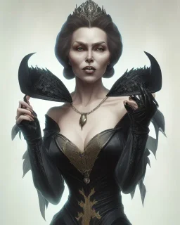 old evil queen in black leather gown, femme fatale, volouptous, busty, cleavage, angry, emperious, 8k resolution concept art portrait by Greg Rutkowski,