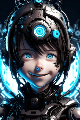 Happy cyborg child. Front facing. His eyes have clocks in them.
