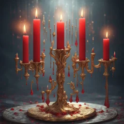 Red candles on a three-armed gold candlestick, dripping wax. Illustrative art, art interpretation, concept art, cgsociety contest winner, seasonal art, seasonal art HD, 4k, 8k, intricate, detailed, intricately detailed, luminous, translucent fantasy crystal, holographic data, soft body, shadow play, light, fog, atmospheric, cinematic, light film, hyper-detailed, hyper-realistic, masterpiece, atmospheric, high resolution, 8k, HDR, 500px, mysterious and artistic digital art, phototic, intricate, f