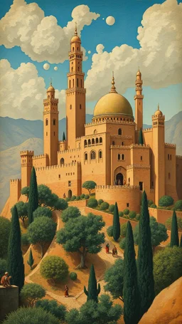 Hieronymus Bosch style , Morocco old Arabian castles with people and trees