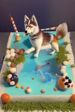 Birthday cake topped with a pool table, apricot tree and a husky dog